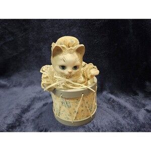 Vintage Porcelain Cat Figurine in Drum Music Box Animated Movement “Memories”